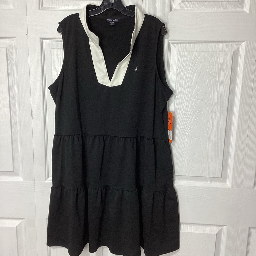 Nautica Black Tiered Sleeveless Dress with White Polo Collar NWT Size XXL